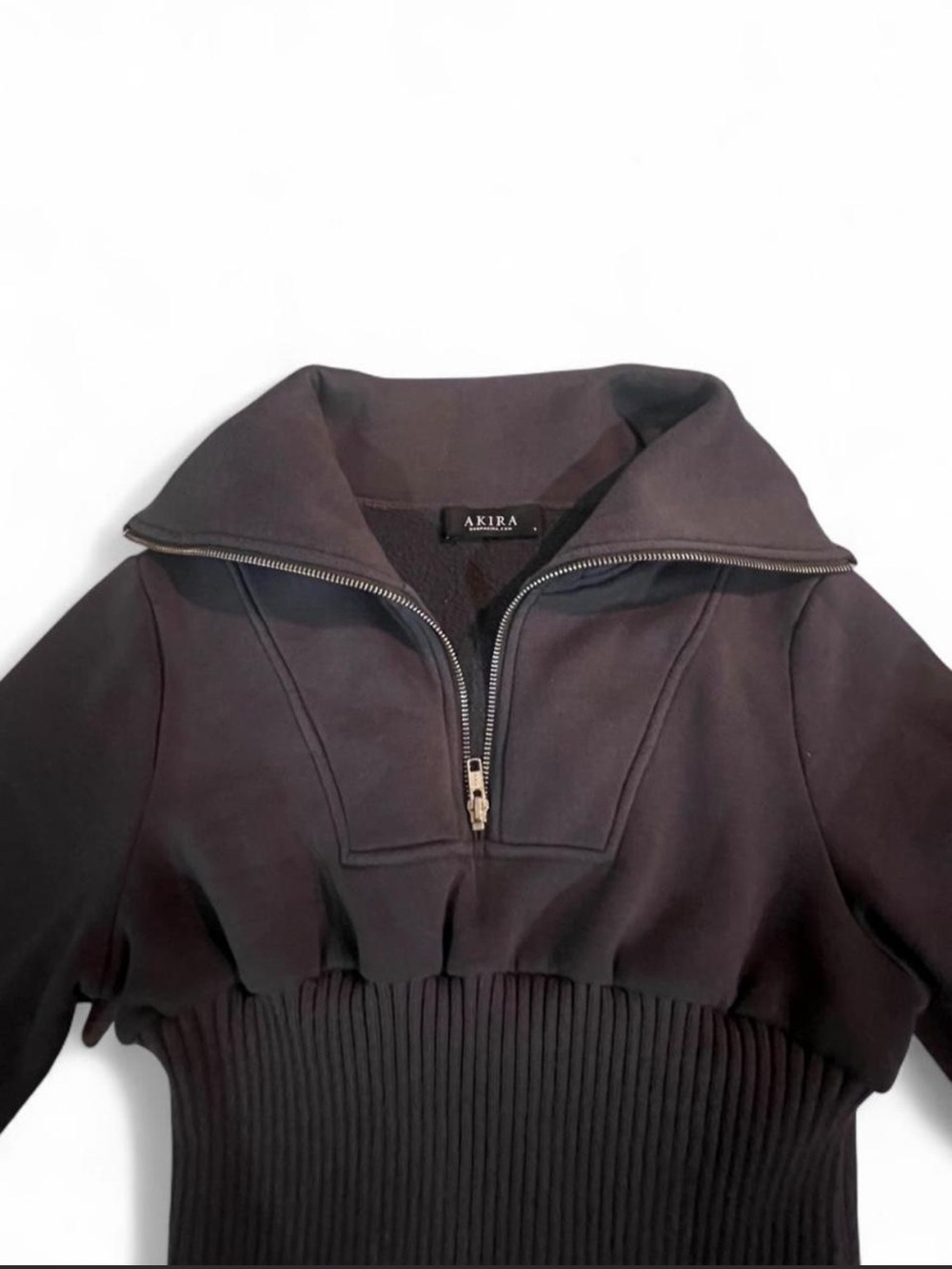 AKIRA Cropped Quarter Zip Sweatshirt Small Dark Gray Ribbed Waist - Small